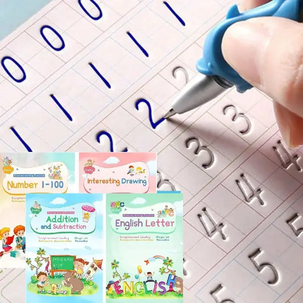 Magic Ink Copybooks For Kids Reusable Handwriting Workbooks For Preschools Grooves Template Design And Handwriting Aid Magic Practice Copybook For Kids The Print Writing (4 Books With Pens)